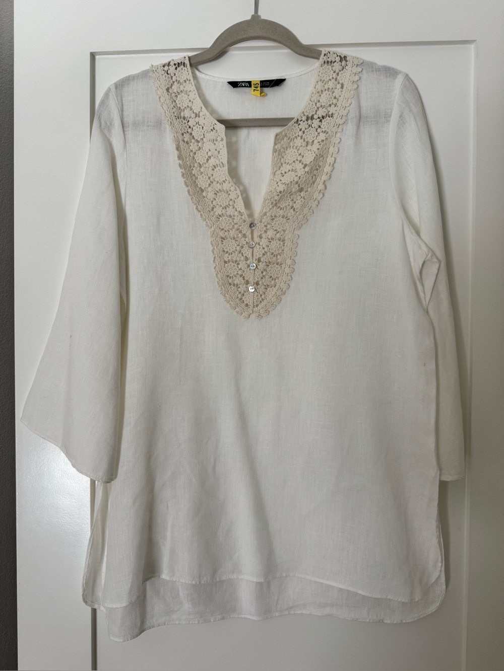 Zara Tunic Top Size S Crochet Cream Lace-Trim Linen Tunic Top
